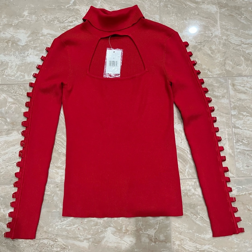 GUESS NEW High Neck Sweater. Cut out details on sleeves. Scarlett Red